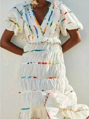 Farm Rio White Multicolor Trim V-Neck Gauze Maxi Dress Size S P2P 18’ waist 15’